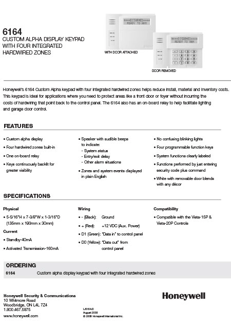 Honeywell 6164 Alpha Code Pad